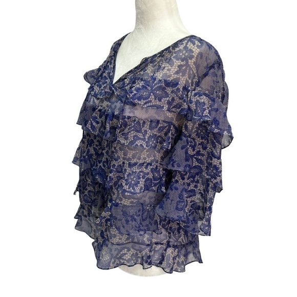 Rebecca Taylor Blue Silk Short Sleeve Ruffle Tie Front Blouse Size S - Picture 4 of 10